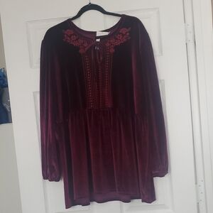 Velvet Embroidered Women's Blouse - Deep Red